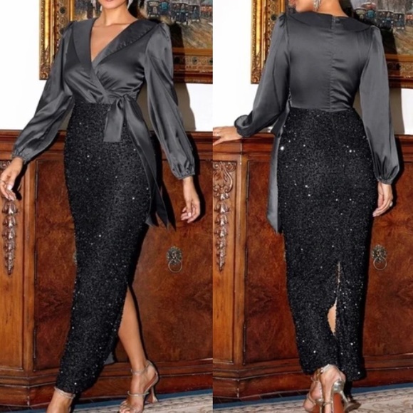 Luxe Sequin Holiday Party Evening Formal SatinDress - Picture 9 of 9